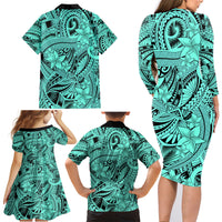 Polynesia Family Matching Long Sleeve Bodycon Dress and Hawaiian Shirt Tribal Polynesian Spirit With Teal Pacific Flowers LT9 - Polynesian Pride