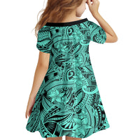 Polynesia Family Matching Off Shoulder Long Sleeve Dress and Hawaiian Shirt Tribal Polynesian Spirit With Teal Pacific Flowers LT9 - Polynesian Pride