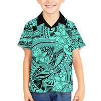 Polynesia Family Matching Off Shoulder Long Sleeve Dress and Hawaiian Shirt Tribal Polynesian Spirit With Teal Pacific Flowers LT9 Son's Shirt Teal - Polynesian Pride
