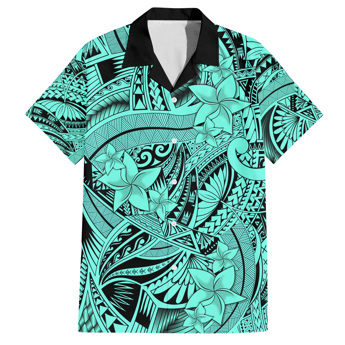 Polynesia Family Matching Puletasi Dress and Hawaiian Shirt Tribal Polynesian Spirit With Teal Pacific Flowers LT9 Dad's Shirt - Short Sleeve Teal - Polynesian Pride