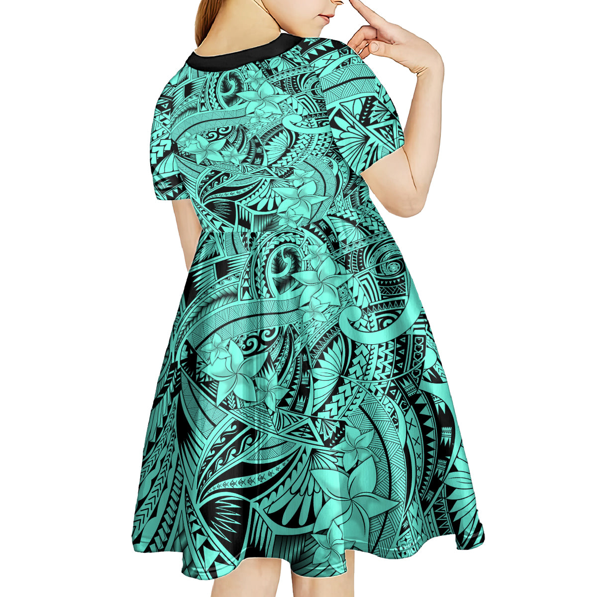 Polynesia Kid Short Sleeve Dress Tribal Polynesian Spirit With Teal Pacific Flowers LT9 - Polynesian Pride