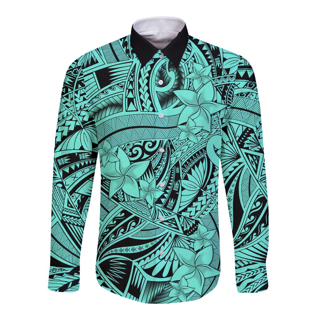 Polynesia Long Sleeve Button Shirt Tribal Polynesian Spirit With Teal Pacific Flowers LT9 Unisex Teal - Polynesian Pride