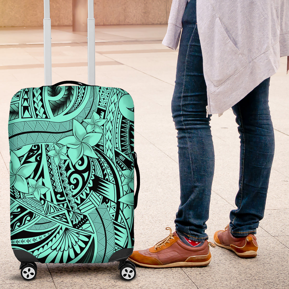 Polynesia Luggage Cover Tribal Polynesian Spirit With Teal Pacific Flowers LT9 Teal - Polynesian Pride