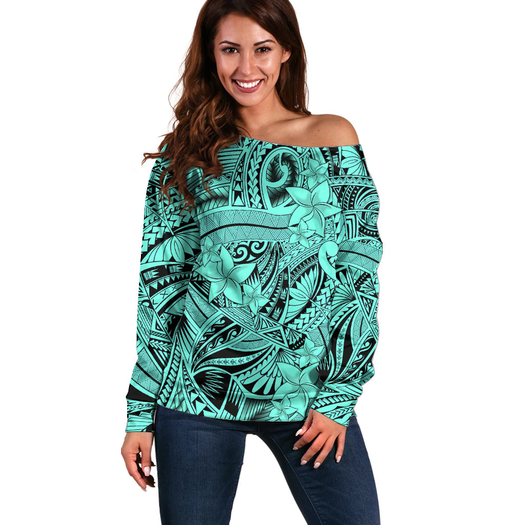 Polynesia Off Shoulder Sweater Tribal Polynesian Spirit With Teal Pacific Flowers LT9 Women Teal - Polynesian Pride