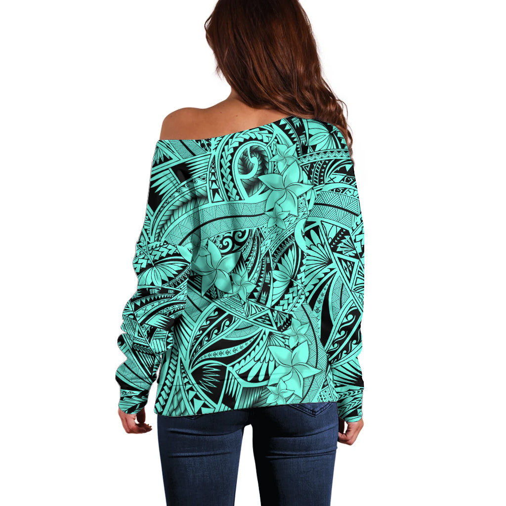 Polynesia Off Shoulder Sweater Tribal Polynesian Spirit With Teal Pacific Flowers LT9 - Polynesian Pride