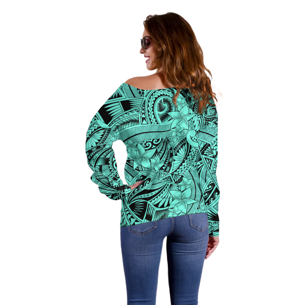Polynesia Off Shoulder Sweater Tribal Polynesian Spirit With Teal Pacific Flowers LT9 - Polynesian Pride