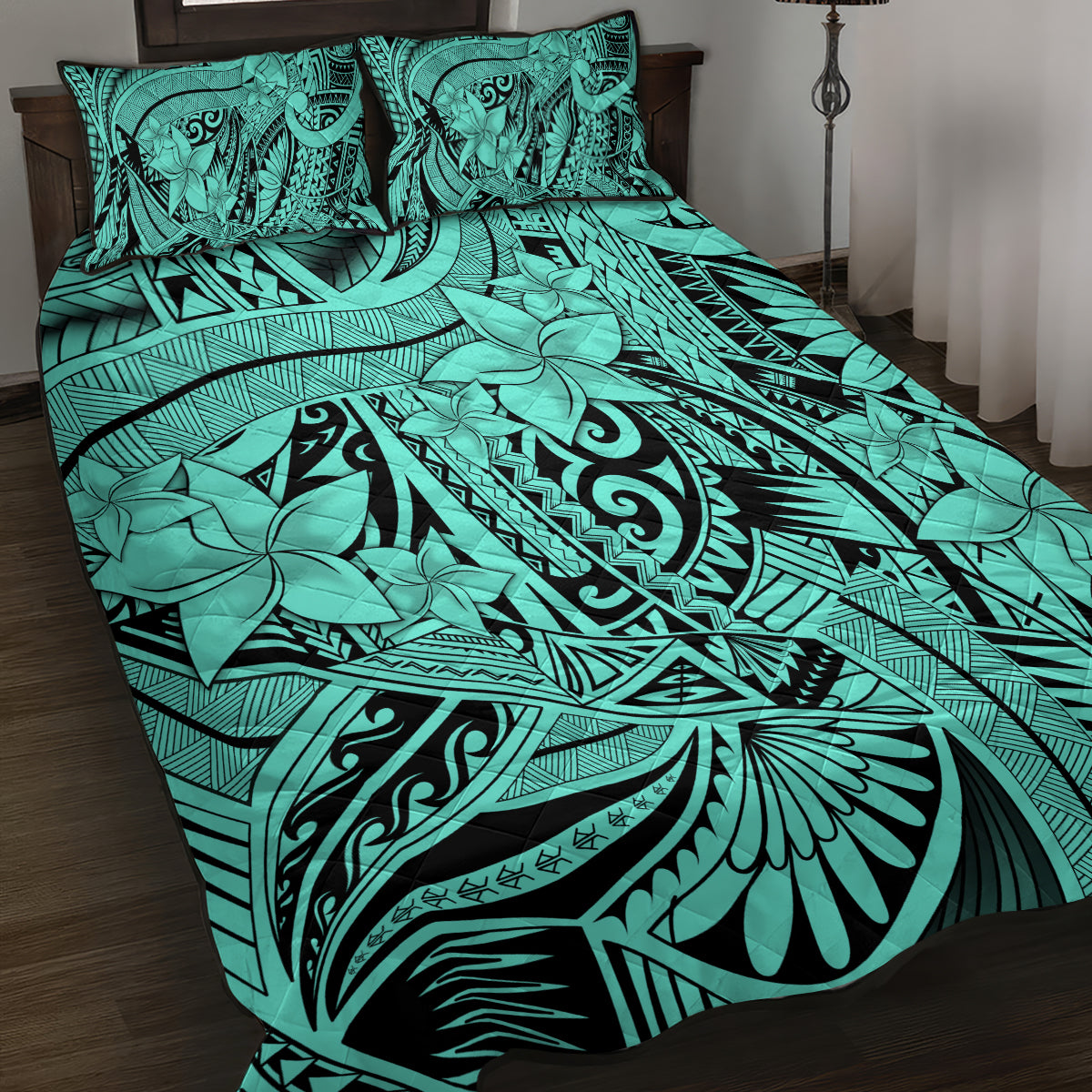 Polynesia Quilt Bed Set Tribal Polynesian Spirit With Teal Pacific Flowers LT9 Teal - Polynesian Pride