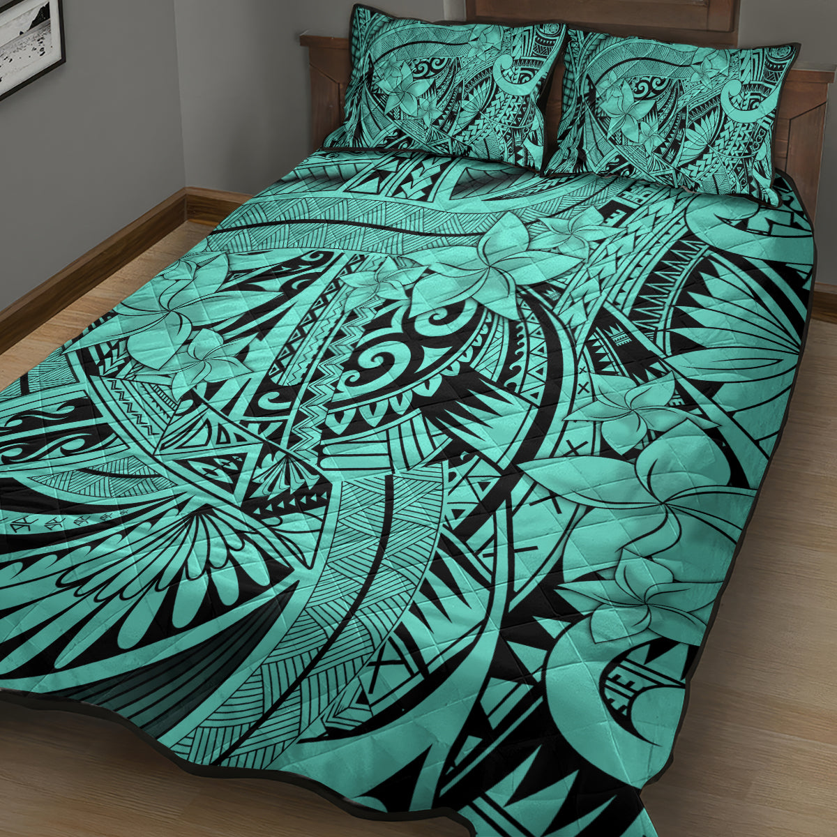 Polynesia Quilt Bed Set Tribal Polynesian Spirit With Teal Pacific Flowers LT9 - Polynesian Pride