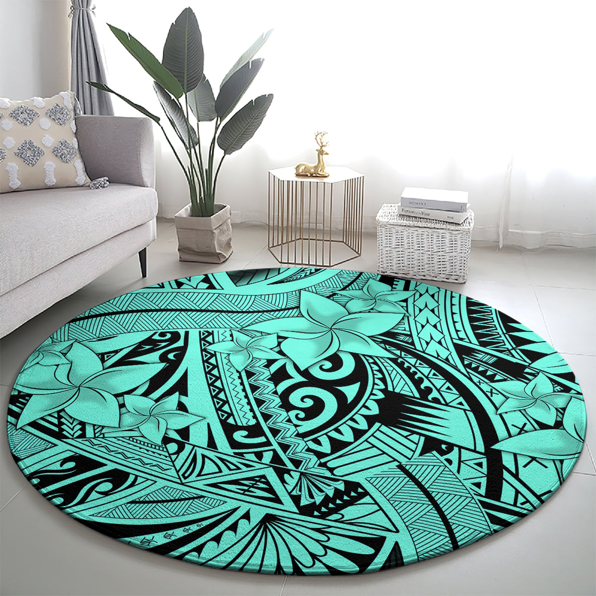 Polynesia Round Carpet Tribal Polynesian Spirit With Teal Pacific Flowers LT9 - Polynesian Pride