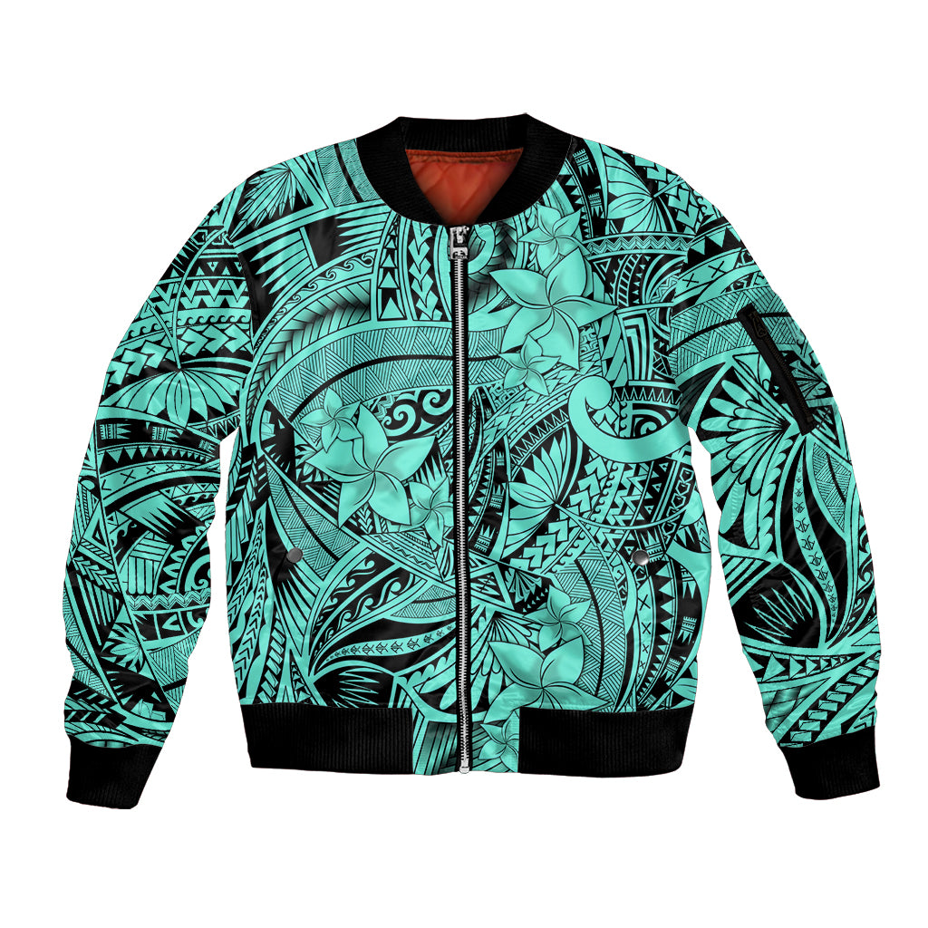 Polynesia Sleeve Zip Bomber Jacket Tribal Polynesian Spirit With Teal Pacific Flowers LT9 Unisex Teal - Polynesian Pride