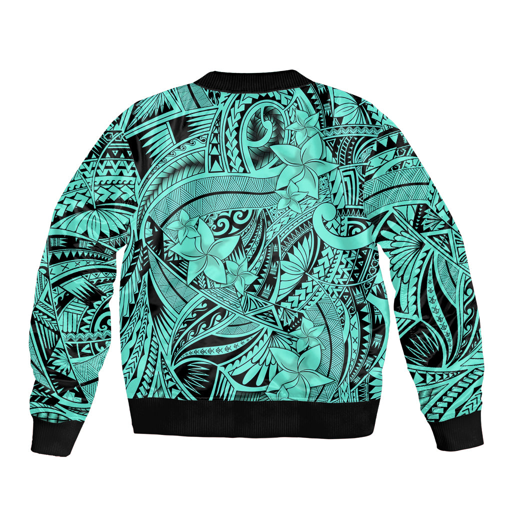 Polynesia Sleeve Zip Bomber Jacket Tribal Polynesian Spirit With Teal Pacific Flowers LT9 - Polynesian Pride