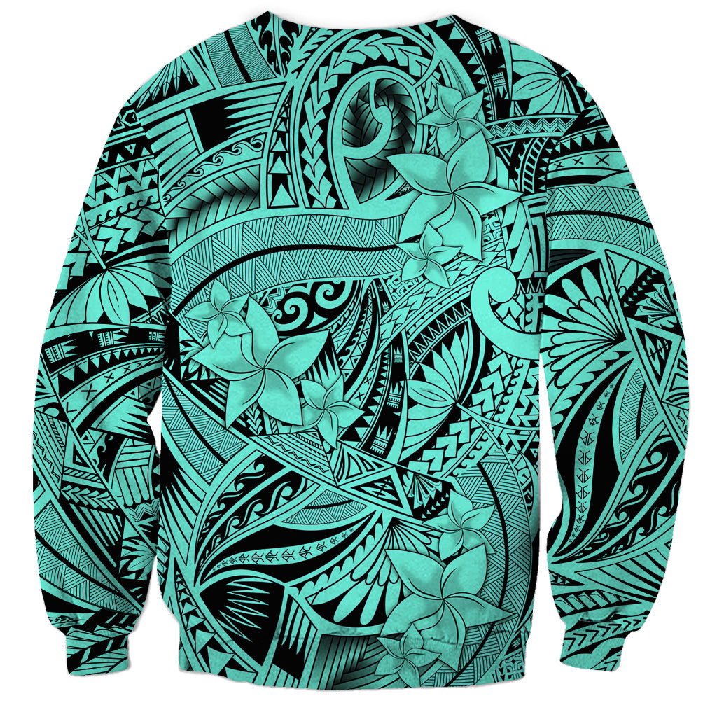 Polynesia Sweatshirt Tribal Polynesian Spirit With Teal Pacific Flowers LT9 - Polynesian Pride