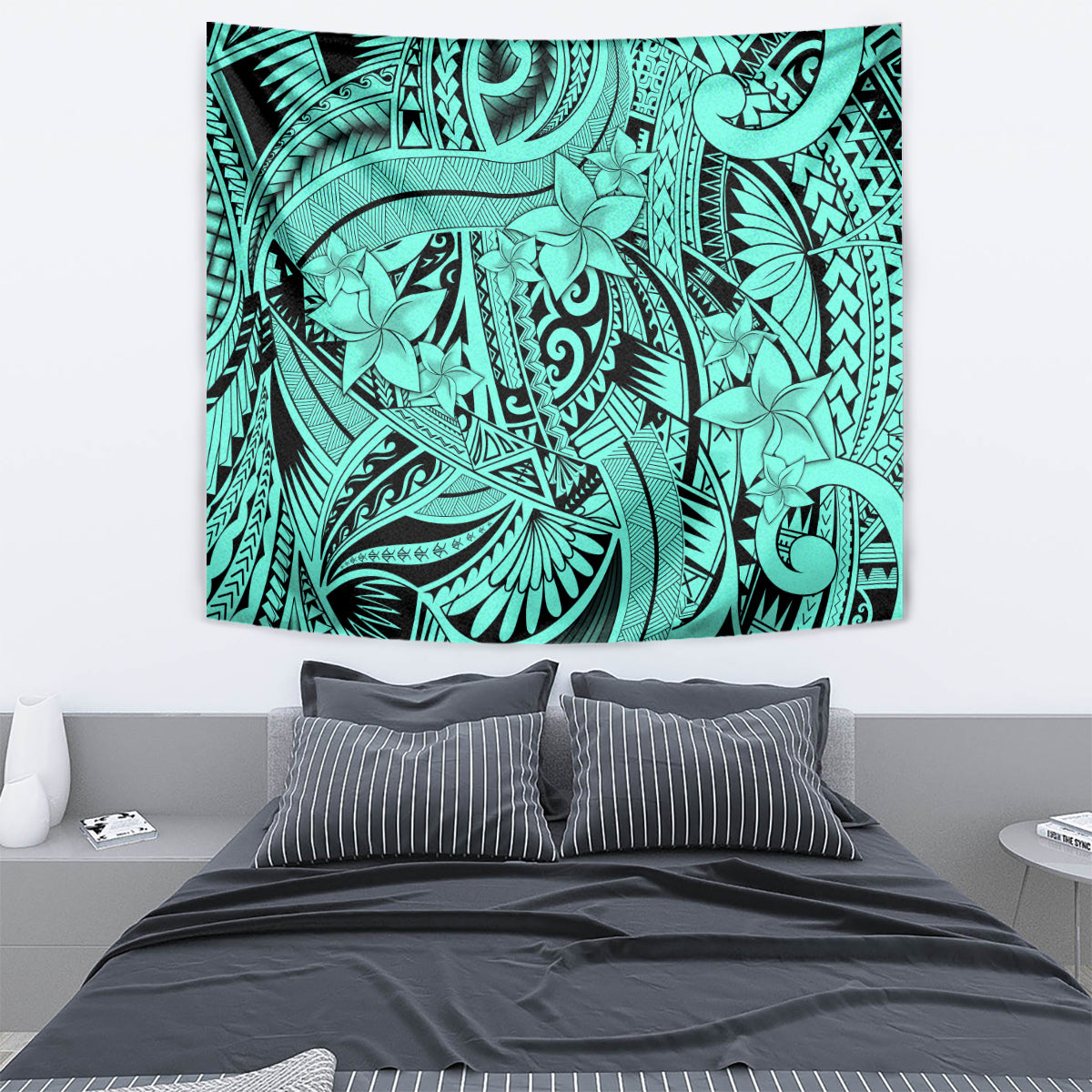 Polynesia Tapestry Tribal Polynesian Spirit With Teal Pacific Flowers LT9 - Polynesian Pride