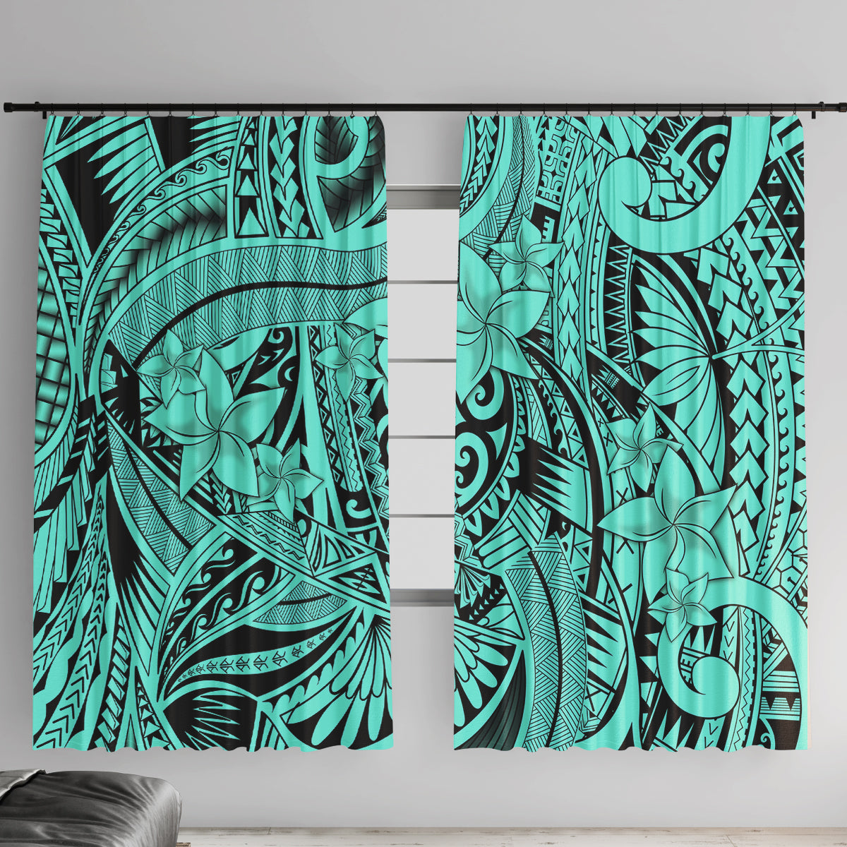 Polynesia Window Curtain Tribal Polynesian Spirit With Teal Pacific Flowers LT9 With Hooks Teal - Polynesian Pride