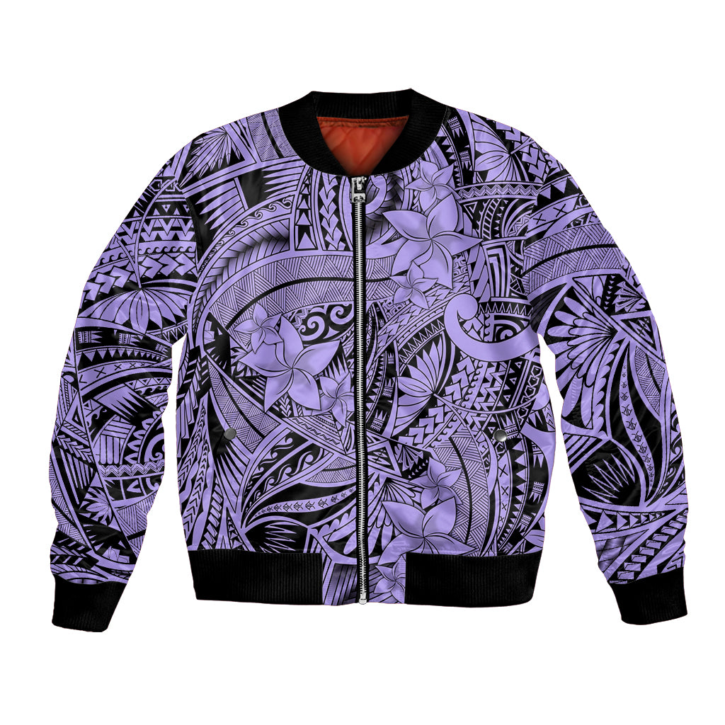 Polynesia Bomber Jacket Tribal Polynesian Spirit With Violet Pacific Flowers LT9 Unisex Violet - Polynesian Pride