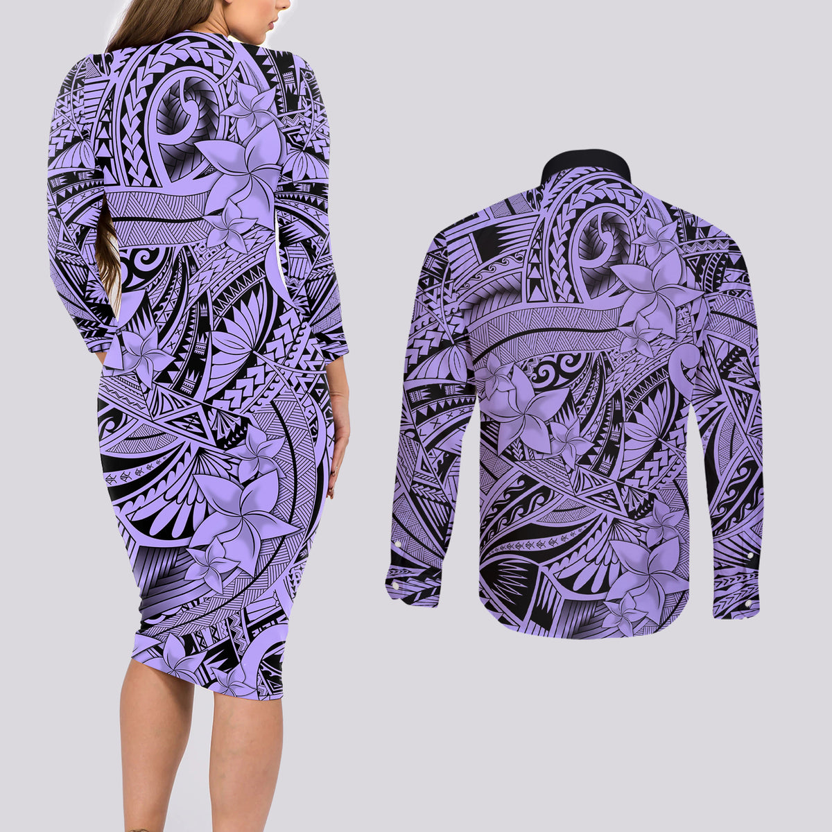 Polynesia Couples Matching Long Sleeve Bodycon Dress and Long Sleeve Button Shirt Tribal Polynesian Spirit With Violet Pacific Flowers LT9 - Polynesian Pride