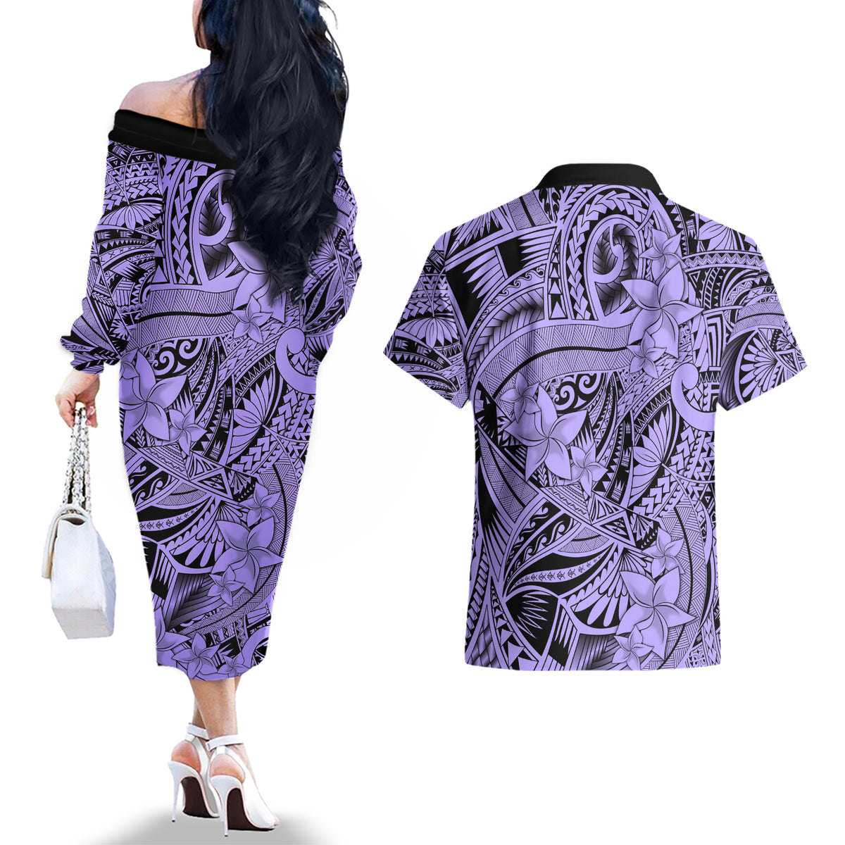 Polynesia Couples Matching Off The Shoulder Long Sleeve Dress and Hawaiian Shirt Tribal Polynesian Spirit With Violet Pacific Flowers LT9 - Polynesian Pride