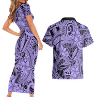 Polynesia Couples Matching Short Sleeve Bodycon Dress and Hawaiian Shirt Tribal Polynesian Spirit With Violet Pacific Flowers LT9 - Polynesian Pride