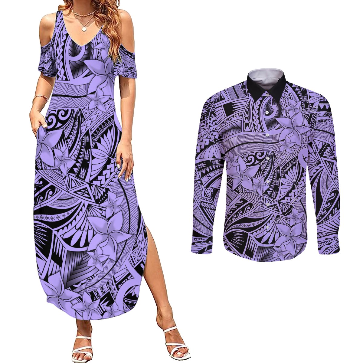 Polynesia Couples Matching Summer Maxi Dress and Long Sleeve Button Shirt Tribal Polynesian Spirit With Violet Pacific Flowers LT9 Violet - Polynesian Pride