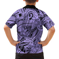 Polynesia Family Matching Off Shoulder Short Dress and Hawaiian Shirt Tribal Polynesian Spirit With Violet Pacific Flowers LT9 - Polynesian Pride
