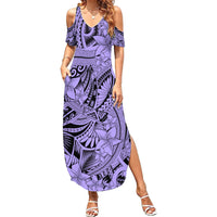 Polynesia Family Matching Summer Maxi Dress and Hawaiian Shirt Tribal Polynesian Spirit With Violet Pacific Flowers LT9 Mom's Dress Violet - Polynesian Pride