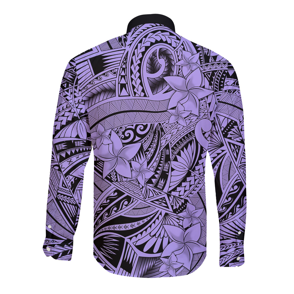 Polynesia Long Sleeve Button Shirt Tribal Polynesian Spirit With Violet Pacific Flowers LT9 - Polynesian Pride