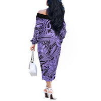 Polynesia Off The Shoulder Long Sleeve Dress Tribal Polynesian Spirit With Violet Pacific Flowers LT9 - Polynesian Pride