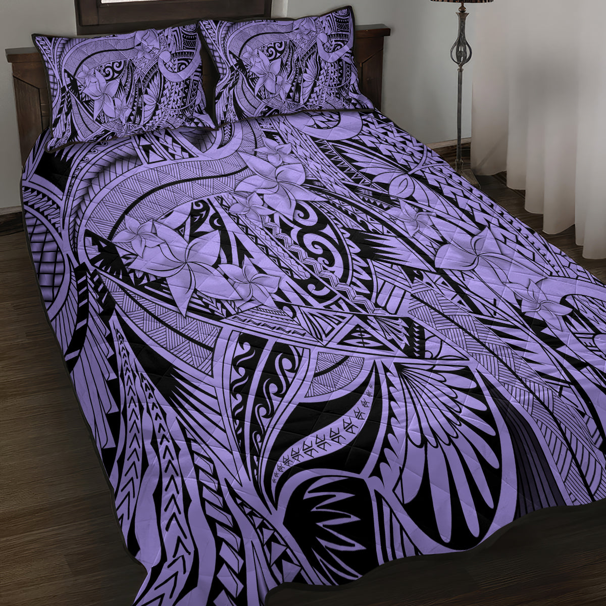 Polynesia Quilt Bed Set Tribal Polynesian Spirit With Violet Pacific Flowers LT9 - Polynesian Pride
