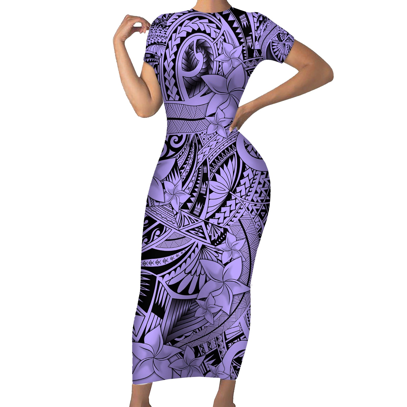 Polynesia Short Sleeve Bodycon Dress Tribal Polynesian Spirit With Violet Pacific Flowers LT9 Long Dress Violet - Polynesian Pride