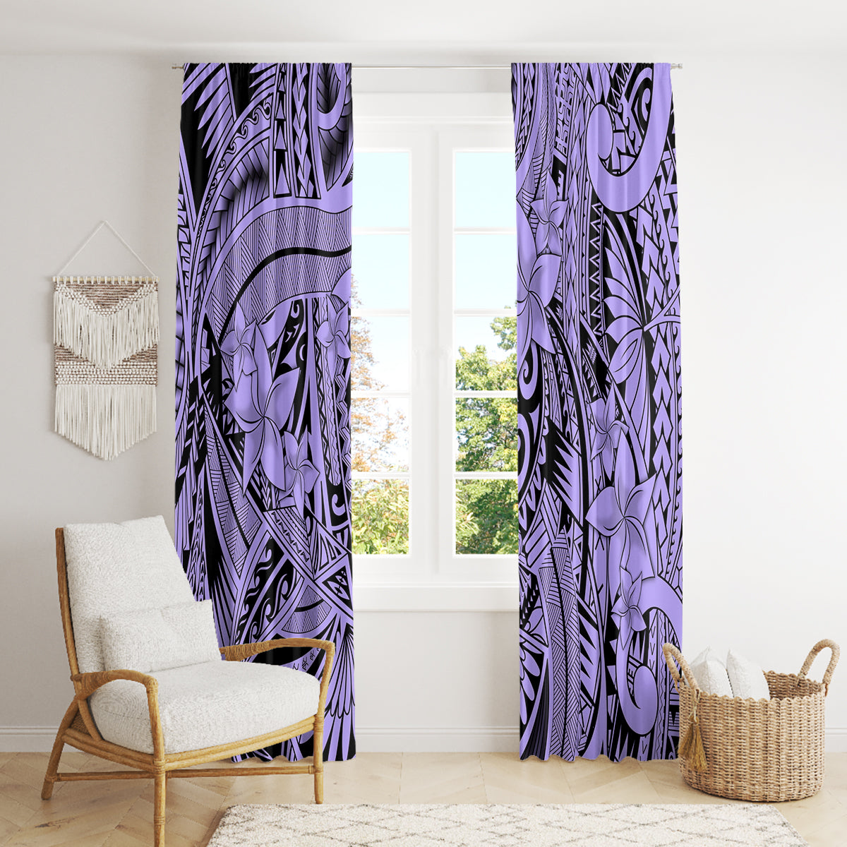 Polynesia Window Curtain Tribal Polynesian Spirit With Violet Pacific Flowers LT9 - Polynesian Pride