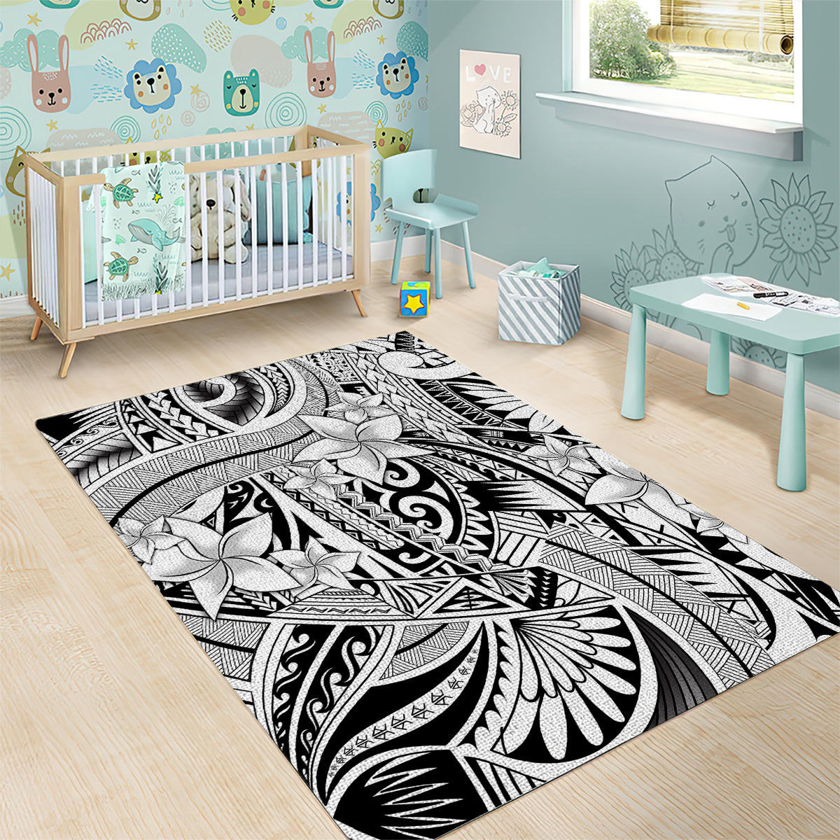 Polynesia Area Rug Tribal Polynesian Spirit With White Pacific Flowers LT9 - Polynesian Pride