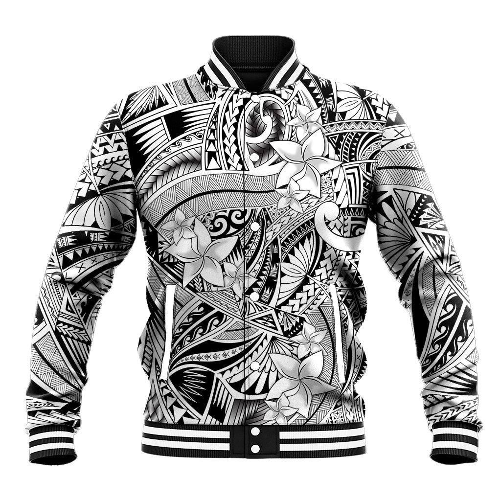 Polynesia Baseball Jacket Tribal Polynesian Spirit With White Pacific Flowers LT9 Unisex White - Polynesian Pride