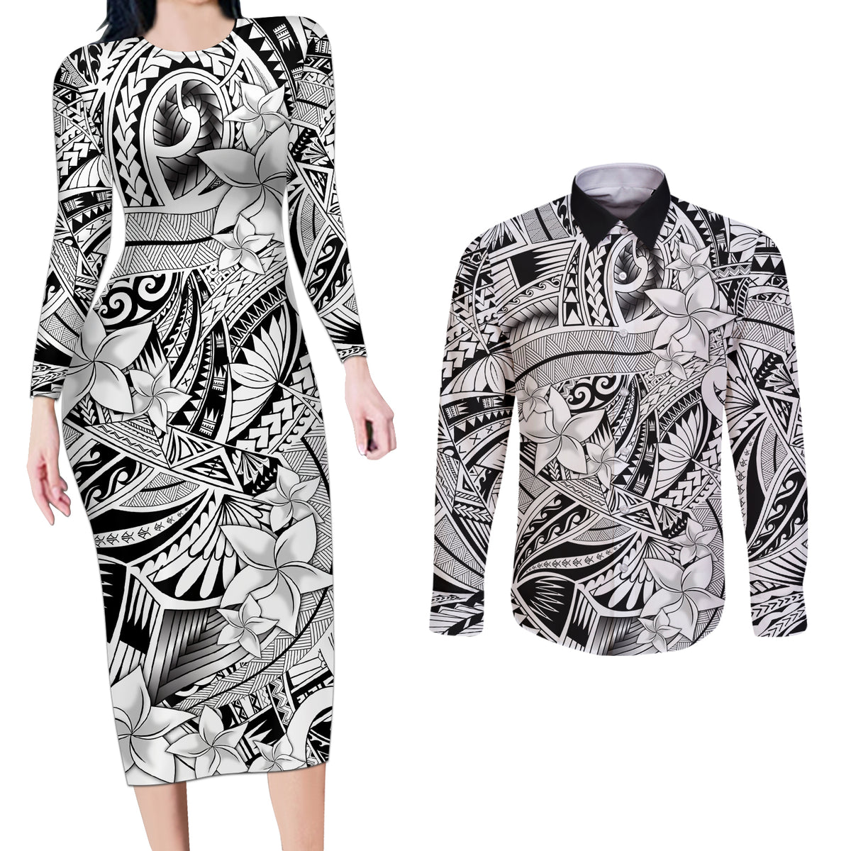 Polynesia Couples Matching Long Sleeve Bodycon Dress and Long Sleeve Button Shirt Tribal Polynesian Spirit With White Pacific Flowers LT9 White - Polynesian Pride