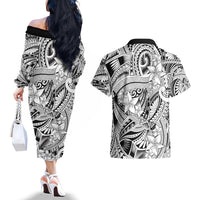 Polynesia Couples Matching Off The Shoulder Long Sleeve Dress and Hawaiian Shirt Tribal Polynesian Spirit With White Pacific Flowers LT9 - Polynesian Pride