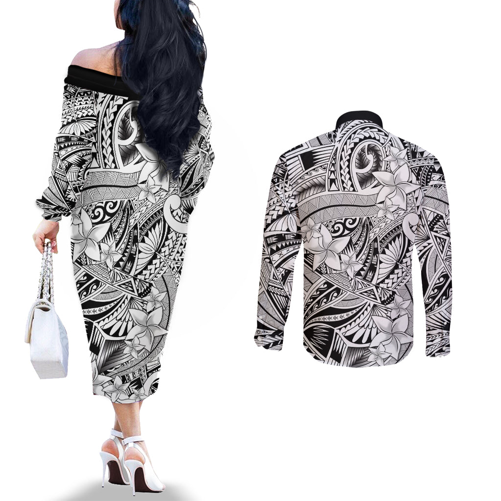 Polynesia Couples Matching Off The Shoulder Long Sleeve Dress and Long Sleeve Button Shirt Tribal Polynesian Spirit With White Pacific Flowers LT9 - Polynesian Pride
