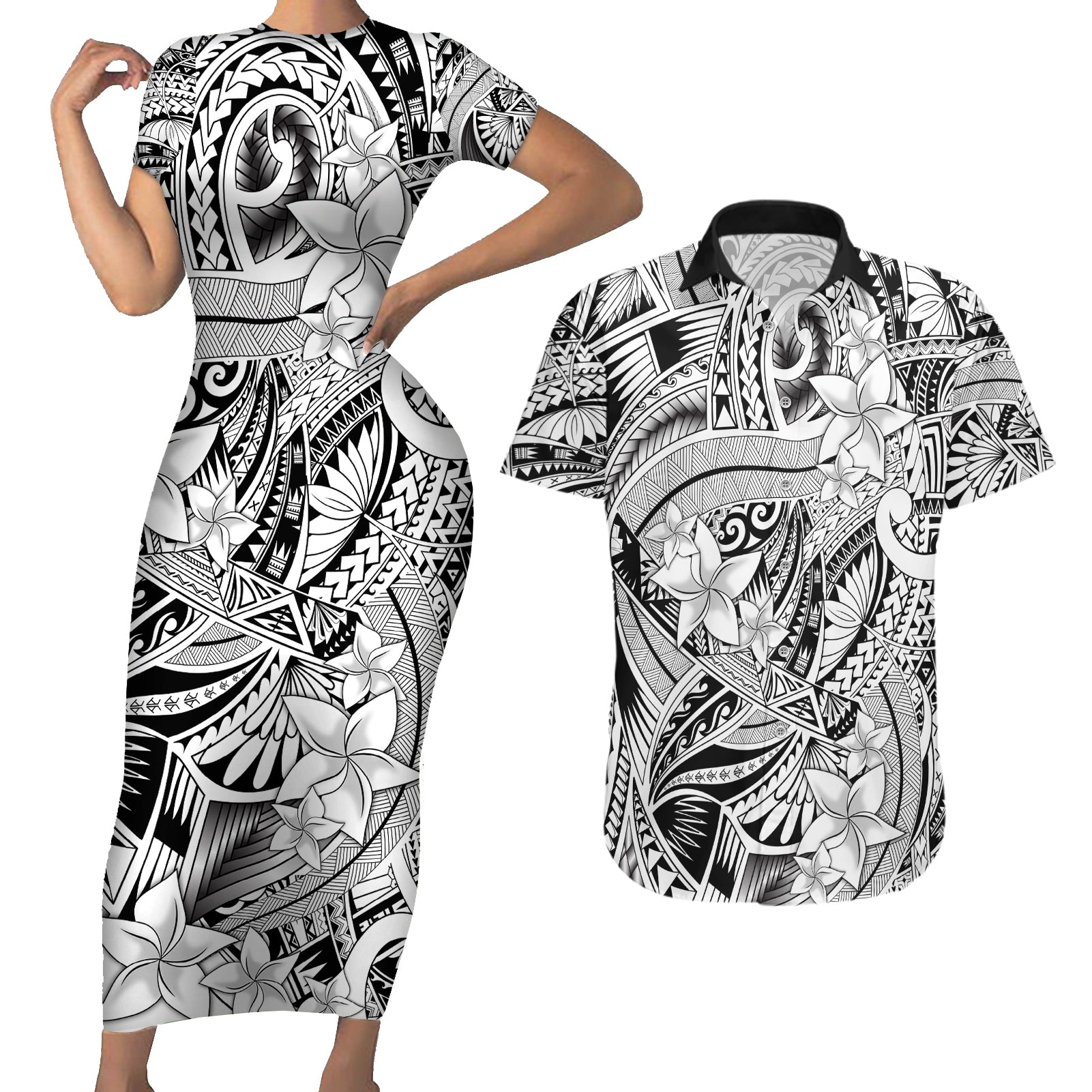 Polynesia Couples Matching Short Sleeve Bodycon Dress and Hawaiian Shirt Tribal Polynesian Spirit With White Pacific Flowers LT9 White - Polynesian Pride