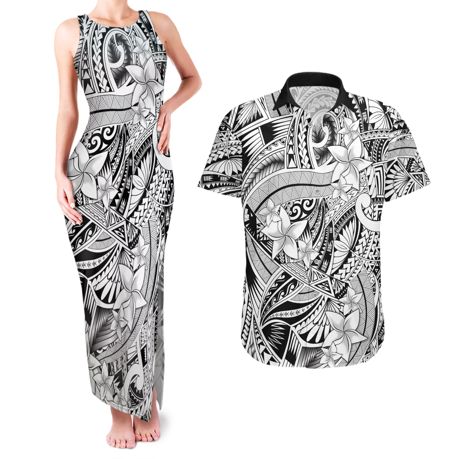 Polynesia Couples Matching Tank Maxi Dress and Hawaiian Shirt Tribal Polynesian Spirit With White Pacific Flowers LT9 White - Polynesian Pride
