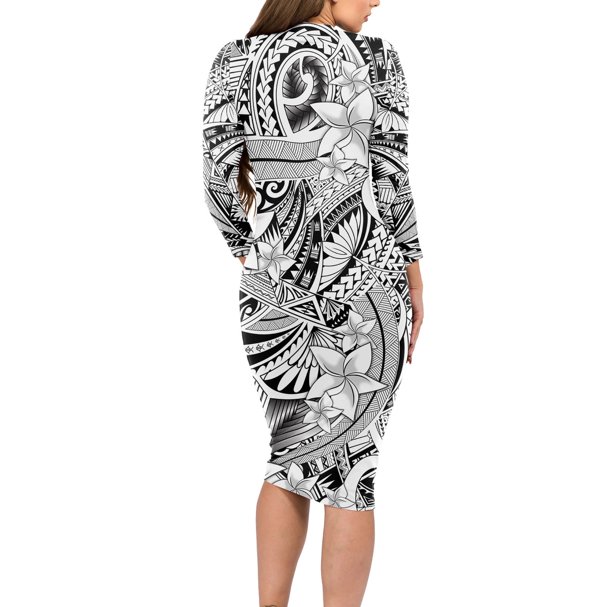 Polynesia Long Sleeve Bodycon Dress Tribal Polynesian Spirit With White Pacific Flowers LT9 - Polynesian Pride