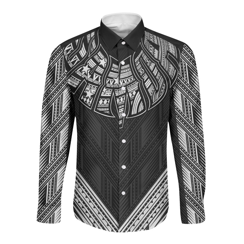 Black Samoa Tribal Chest Tattoo Long Sleeve Button Shirt LT9 Unisex Black - Polynesian Pride