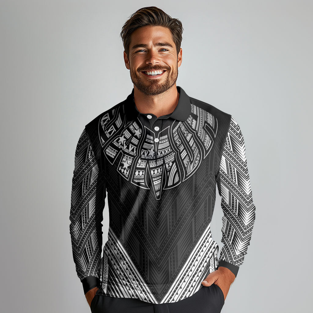 Black Samoa Tribal Chest Tattoo Long Sleeve Polo Shirt LT9 - Polynesian Pride