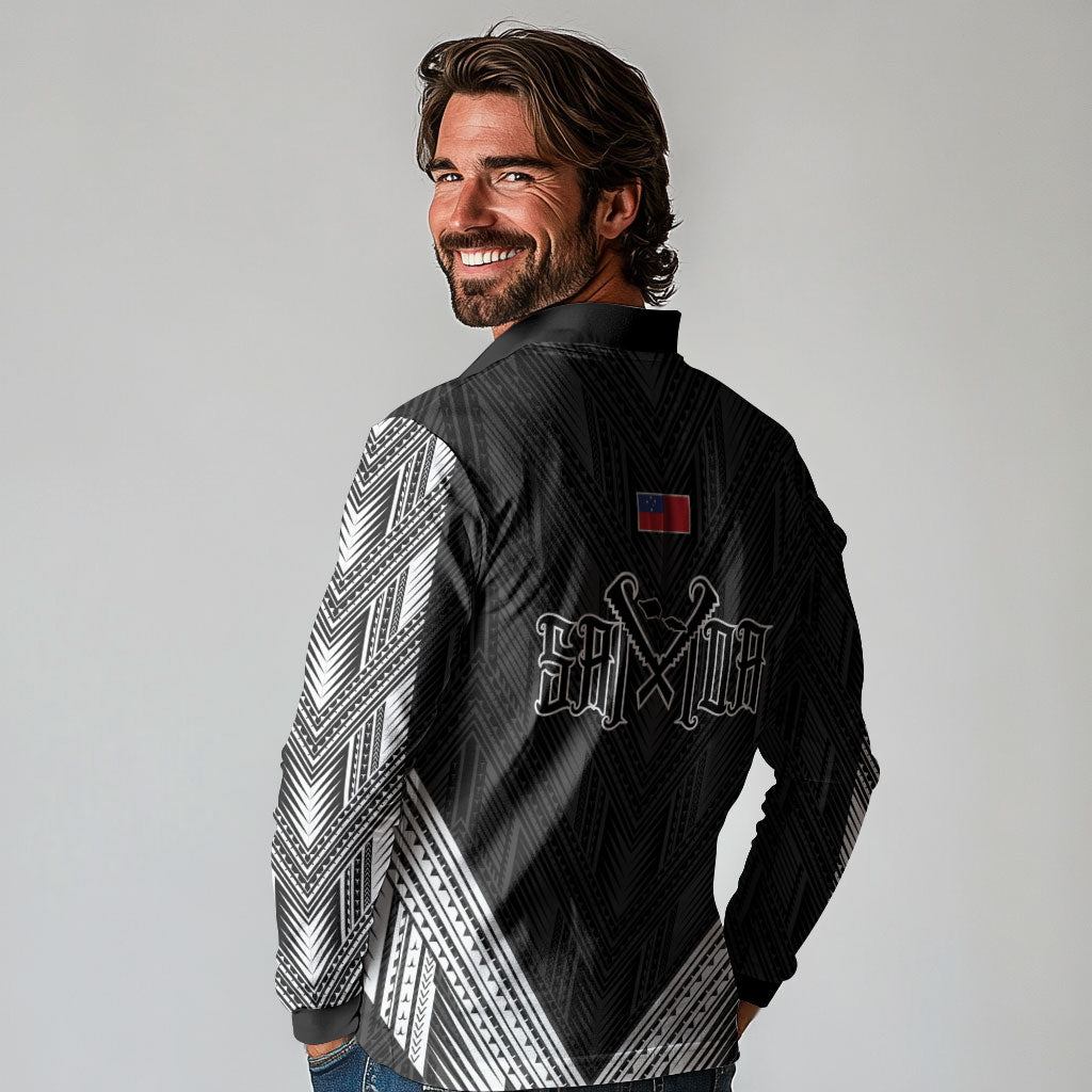 Black Samoa Tribal Chest Tattoo Long Sleeve Polo Shirt LT9 - Polynesian Pride