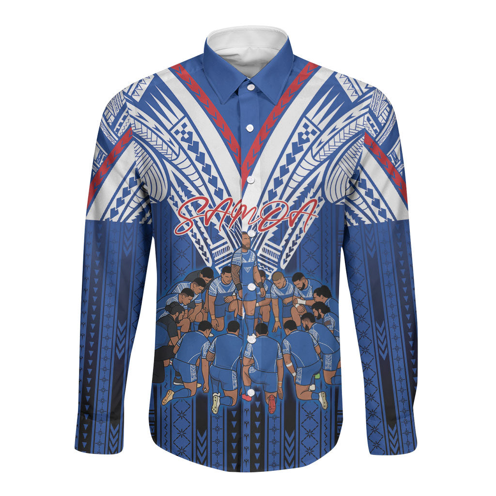 Toa Samoa Siva Tau Long Sleeve Button Shirt Royal Blue Chevron Geometric Heritage LT9 Unisex Blue - Polynesian Pride