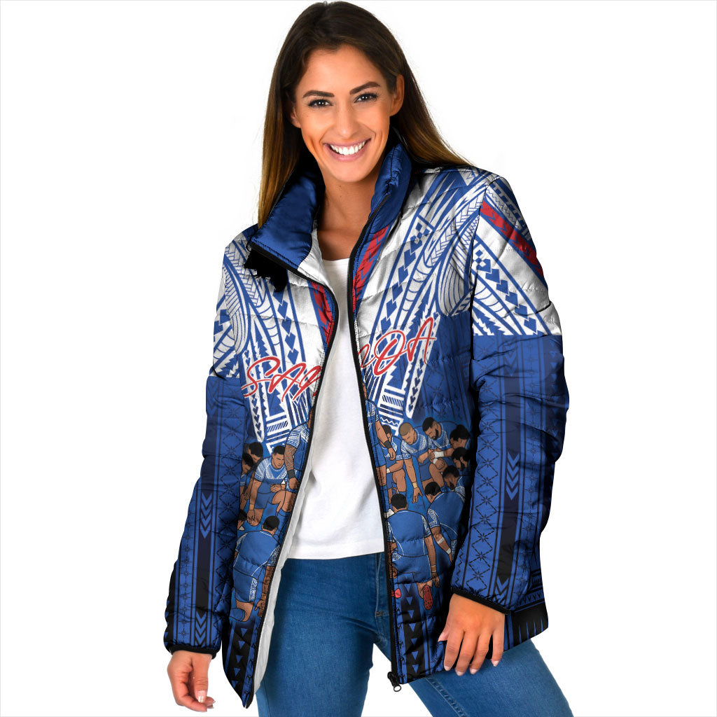 Toa Samoa Siva Tau Padded Jacket Royal Blue Chevron Geometric Heritage LT9 Women Blue - Polynesian Pride