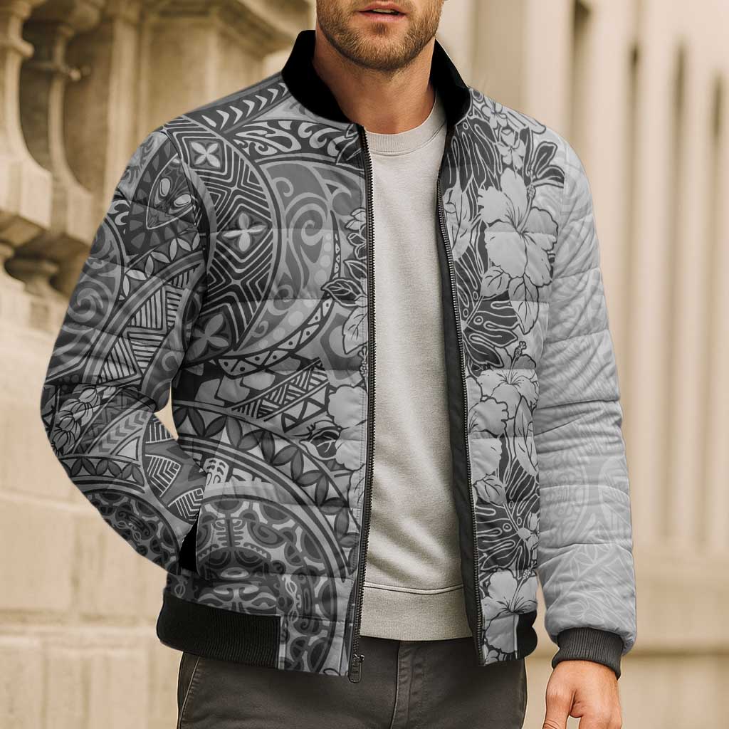 Polynesia Bomber Puffer Jacket Hibiscus Hawaiian Tribal Tattoo Retro Gray LT9 - Polynesian Pride