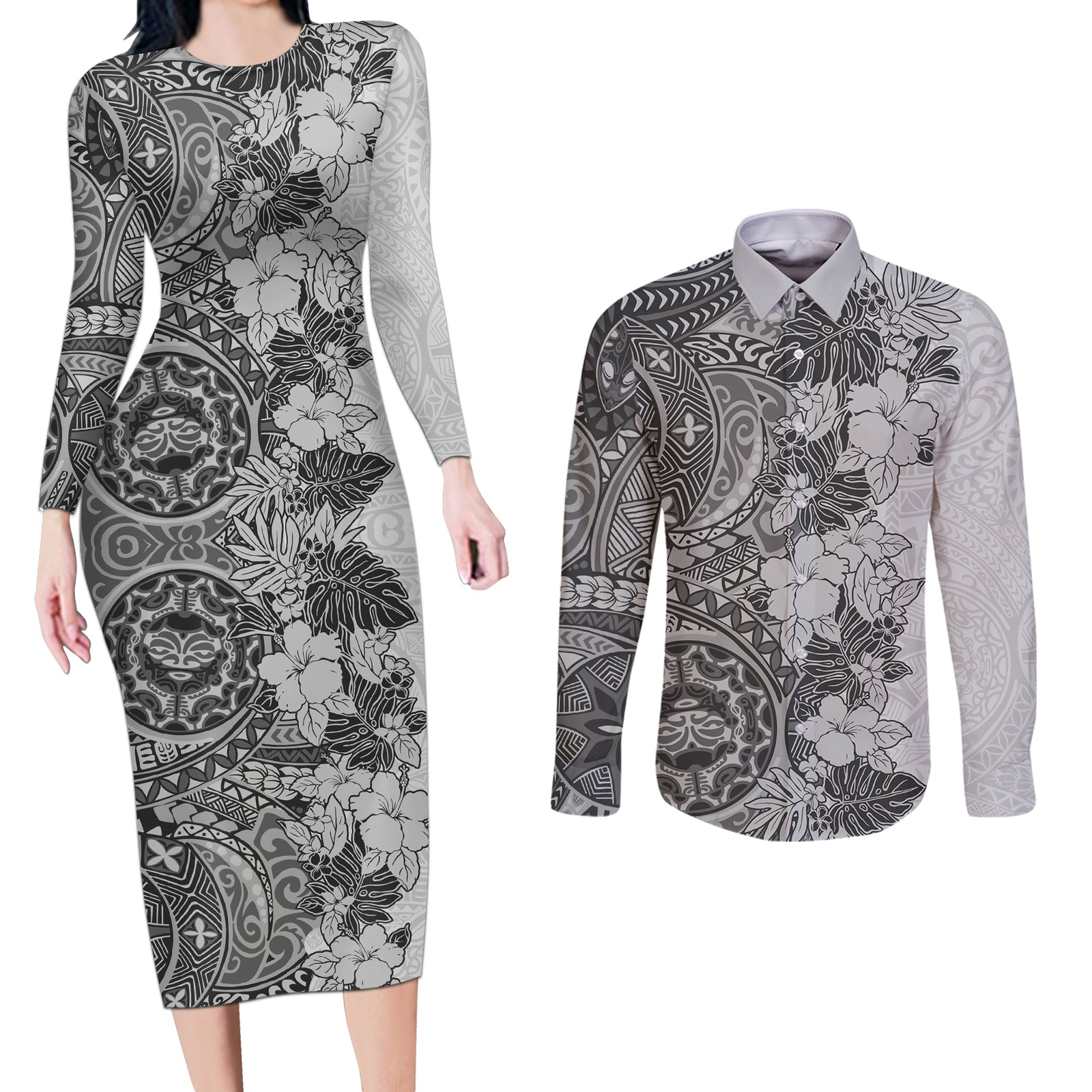 Polynesia Couples Matching Long Sleeve Bodycon Dress and Long Sleeve Button Shirt Hibiscus and Hawaiian Tribal Tattoo Retro Style Gray Color LT9 Gray - Polynesian Pride