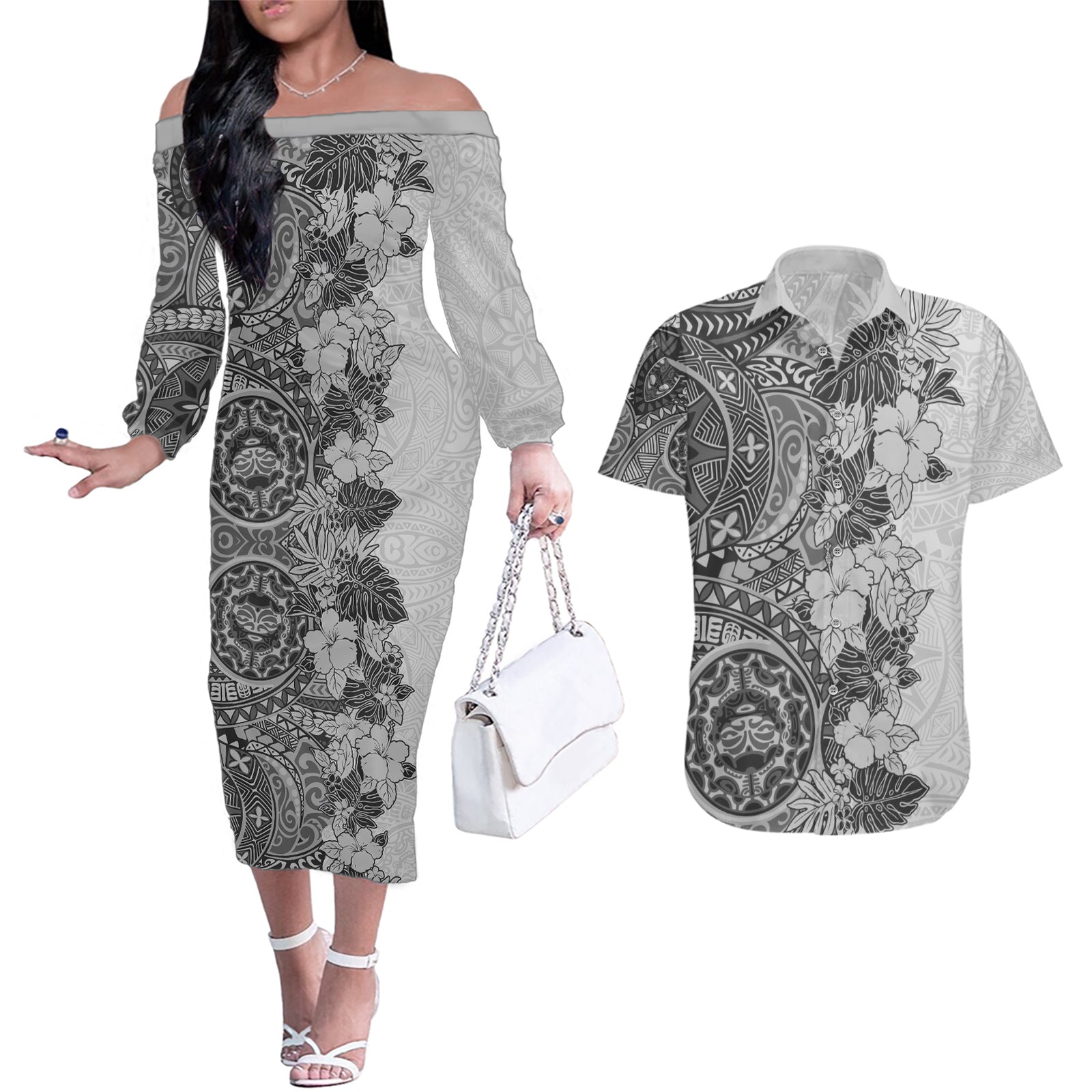 Polynesia Couples Matching Off The Shoulder Long Sleeve Dress and Hawaiian Shirt Hibiscus and Hawaiian Tribal Tattoo Retro Style Gray Color LT9 Gray - Polynesian Pride