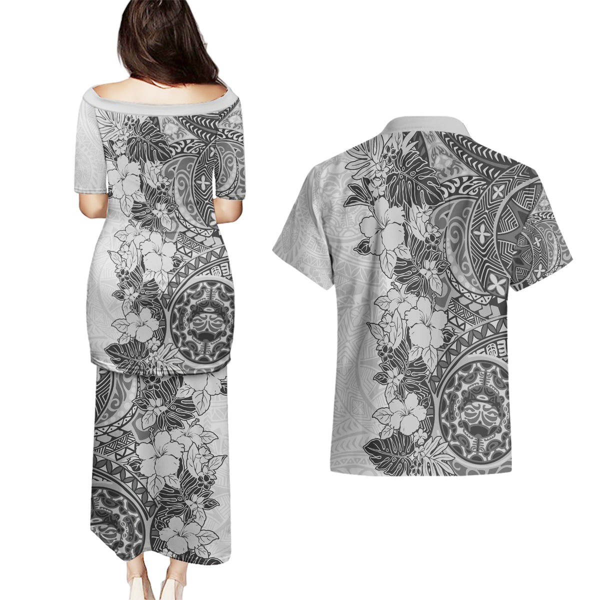 Polynesia Couples Matching Puletasi Dress and Hawaiian Shirt Hibiscus and Hawaiian Tribal Tattoo Retro Style Gray Color LT9 - Polynesian Pride