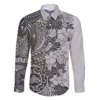 Polynesia Family Matching Off Shoulder Maxi Dress and Hawaiian Shirt Hibiscus and Hawaiian Tribal Tattoo Retro Style Gray Color LT9 Dad's Shirt - Long Sleeve Gray - Polynesian Pride