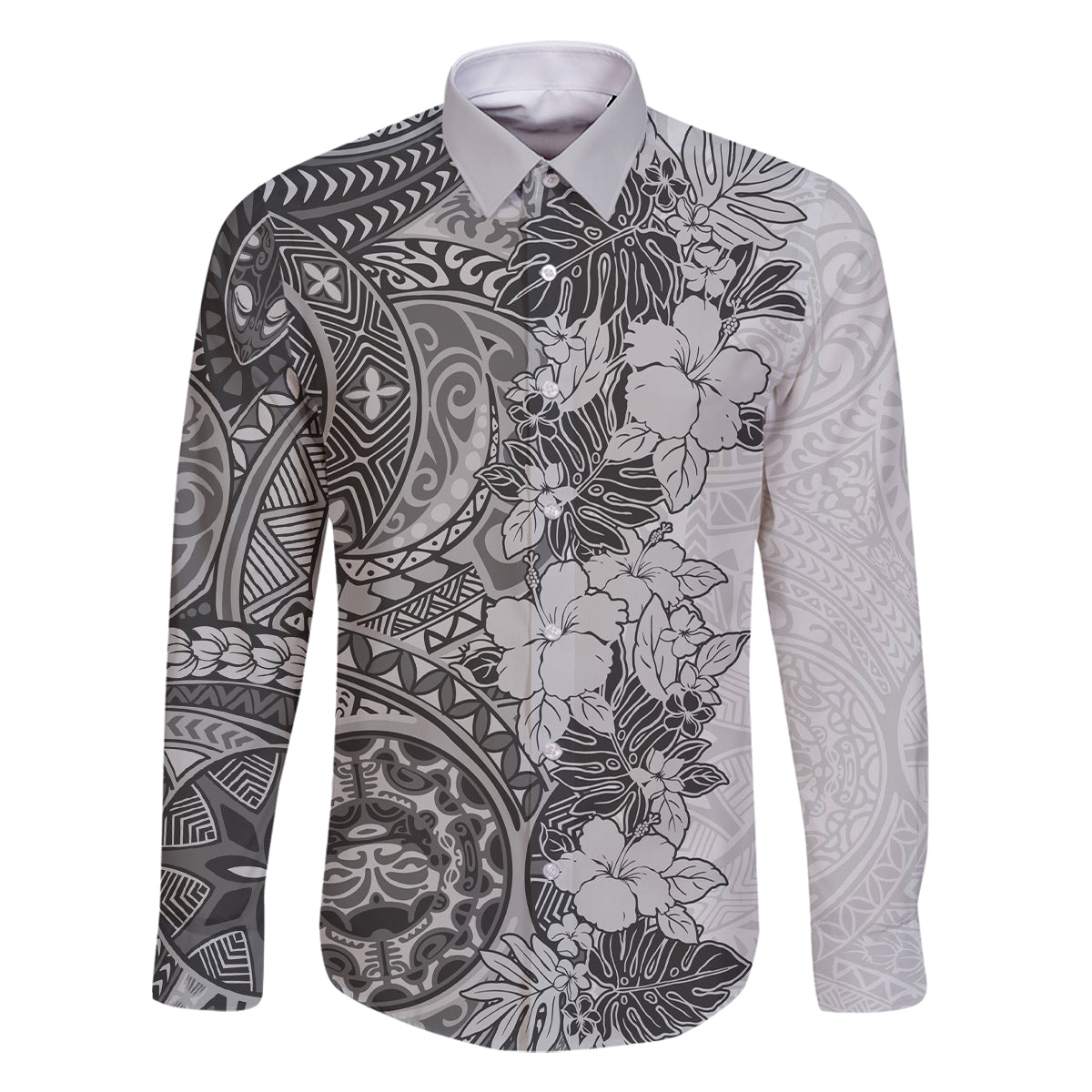 Polynesia Family Matching Summer Maxi Dress and Hawaiian Shirt Hibiscus and Hawaiian Tribal Tattoo Retro Style Gray Color LT9 Dad's Shirt - Long Sleeve Gray - Polynesian Pride