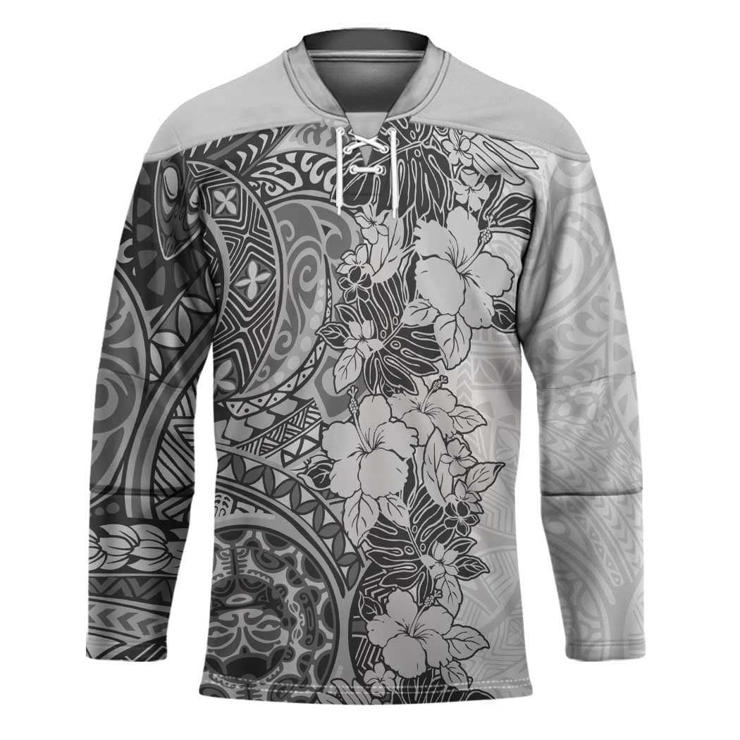 Polynesia Hockey Jersey Hibiscus Hawaiian Tribal Tattoo Retro Gray - Polynesian Pride